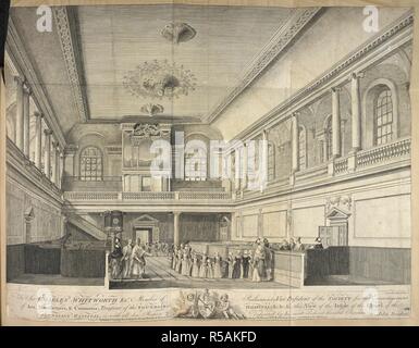 Una vista della parte interna del Foundling Cappella dell'ospedale con linee di ragazzi e ragazze lasciando, sotto la supervisione del personale. A Sir CHARLES WHITWORTH Knt membro del Parlamento; Vice Presidente della Società per la promozione / delle arti, produce & Commercio; Tresurer del FOUNDLING HOSPITAL... [Londra]: pubblicare'd & venduti dall'autore in Great Ormond Street, e a W. Sharp's No.9 Bartolomeo Lane, secondo atto Jan.y 7 1774. Fonte: Crach.1.tab.4.b.3, pagina 154. Lingua: Inglese. Foto Stock