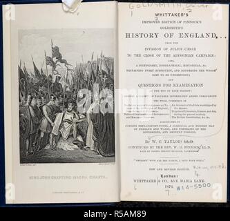 Titolo pagina di una storia dell'Inghilterra. Il re Giovanni firma la Magna Carta. Whittakerâ€™edizione migliorata di Pinnockâ€™s Goldsmithâ€™s storia dell'Inghilterra. Londra Inghilterra. Whittakerâ€™edizione migliorata di Pinnockâ€™s Goldsmithâ€™s storia dell'Inghilterra ... Quaranta-sesta edizione. (Con la continuazione del presente tempo ... Da W. C. Taylor; ha continuato da ... W. H. Pinnock.). 1858. Fonte: W.14/5500 frontespizio e pagina del titolo. Lingua: Inglese. Foto Stock