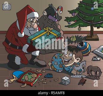 Cartoon-style illustrazione. Scena di Natale: Babbo Natale porta un meraviglioso dono di un simpatico kid, giocando sul pavimento con i suoi giocattoli Illustrazione Vettoriale
