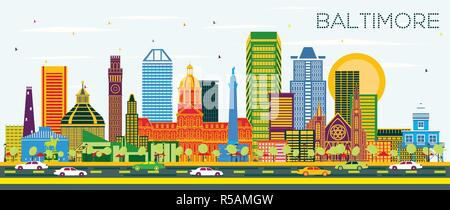 Baltimore, Maryland skyline della città con edifici di colore sul cielo blu. Illustrazione Vettoriale. Viaggi di affari e di turismo con il concetto di architettura moderna. Illustrazione Vettoriale