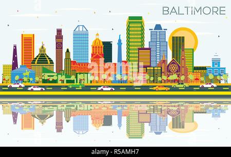 Baltimore, Maryland skyline della città con edifici di colore, cielo blu e riflessi. Illustrazione Vettoriale. Viaggi di affari e turismo Concept. Illustrazione Vettoriale