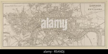 Il titolo di questa piccola mappa di Regency London appare in alto a destra e di fronte di una barra di scala in alto a sinistra. La mappa è suddivisa in riquadri per riferimento. Esso è indicato con una linea tratteggiata per la proposta del nuovo ponte a Waterloo. Londra e i suoi dintorni. ca. 1805. Data di presa dalla annotazione a matita al di sotto del titolo. Mappa è suddiviso in rettangoli con numeri romani per riferimento, ma non ha nessun indice. Proposta di nuovo ponte a Waterloo mostrato. 1 mappa ; 23 x 54 cm; Scala [ca. 1:18.800]. Fonte: Mappe porta Crace 6.190. Autore: ANON. Foto Stock