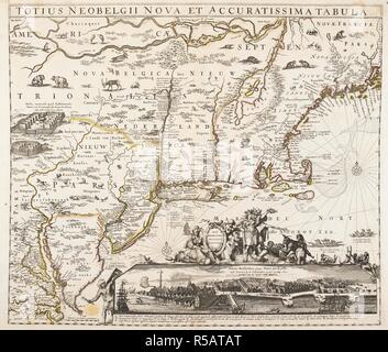 Una mappa di nuovo in Belgio. Un riquadro vista di New York in basso a destra, noto come il "Restitutio' e celebra il restauro di nuovo ad Amsterdam in Olanda nel 1673 . TOTIUS NEOBELGII NOVA ET ACCURATISSIMA tabula. Amstelodami [Amsterdam] : Apud REINIER & IOSHUA OTTENS, [circa 1725.]. Fonte: Mappe K.Top.120.11. Lingue: Latina. Foto Stock