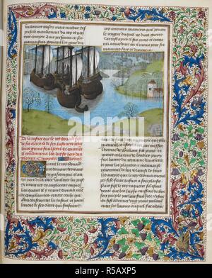 Edward io ritorno dalla Guascogna. Chroniques d'Angleterre. Paesi Bassi, S. (Bruges); dopo il 1471, prima del 1483. Ogni miniatura contrassegnati con la stessa lettera dell alfabeto come la prima pagina di un cudiero in cui esso si trova. Le iniziali in oro su blu e rosa con motivi penwork decorazione su bianco. Line-cariche in blu e rosa con decorazione penwork in bianco. Piena foliate confine. Fonte: Royal 15 E. IV, f.287v. Lingua: Francese. Autore: Master del London Wavrin. Foto Stock