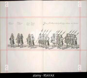 Parte della processione solenne per l incoronazione di Giacomo II: Gentleman della bedchamber; Stallieri della bedchamber; Signore e alfiere della yeomen della guardia; Yeomen di Sua Maestà la protezione del suo corpo. La storia della incoronazione di ... James II. ... E della Regina Maria. T. Newcomb: in Savoia, [Londra] 1687. Fonte: G.8188, +139. Lingua: Inglese. Autore: SANDFORD, Francesco. Foto Stock