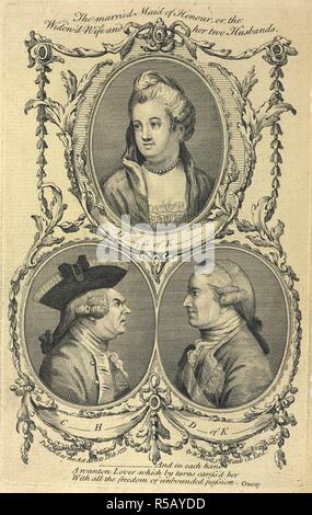 Elizabeth Chudleigh, duchessa di Kingston (1720 â€" 26 agosto 1788), talvolta chiamato Contessa di Bristol. La figura sulla destra: eventualmente, Augustus John Hervey, 3° Conte di Bristol, che era segretamente sposata con Elizabeth Chudleigh;l'Unione è stata sciolta nel 1769 figura sulla sinistra : Forse, Generale Evelyn Pierrepont, secondo duca di Kingston-upon-Hull, che ha sposato Elizabeth Chudleigh, risultante in un matrimonio bigamous. . La rivista matrimoniale, o aneddoti mensile dell amore e del matrimonio. Londra, 1775. Fonte: C.127.d.2 opposta alla pagina 9. Foto Stock