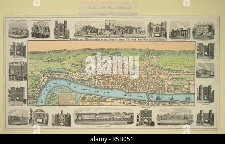 Una mappa di Londra e Westminster. La pianta centrale è circondato da piccole vedute pittoriche di Londra, compresi i disegni delle porte di Londra che ha consentito l'ingresso nella seconda-romana secolo muro circostante 'Londinium' . Londra e Westminster nel regno della regina Elisabetta, anno dom. 1563. [Londra] : Pubblicato da William Darton; 58, HOLBORN Hill, [1810-1834]. Fonte: Mappe porta Crace.1.29. Lingua: Inglese. Foto Stock