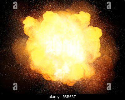 Fiery Hot e luminosa esplosione di colore arancione con scintille isolati su sfondo nero Foto Stock