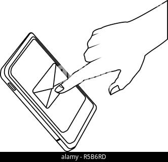Smartphone invio email in bianco e nero Illustrazione Vettoriale