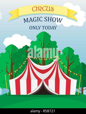 Poster di brillanti prestazioni di circo con una tenda. Piatto isolato illustrazione vettoriale. Illustrazione Vettoriale