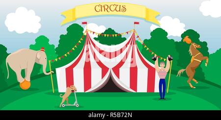 Poster di brillanti prestazioni di circo con una tenda. Piatto isolato illustrazione vettoriale. Illustrazione Vettoriale