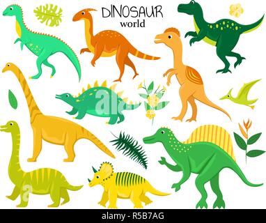 Set di flat cartoon dinosauri e piante tropico. Illustrazione Vettoriale