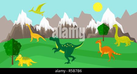 Poster con i dinosauri sullo sfondo di un paesaggio di montagna. Banner in un appartamento in stile cartone animato. Illustrazione Vettoriale