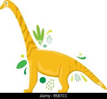 Vettore di piatto isolato cartoon dinosauro con foglie di astratta. Illustrazione Vettoriale