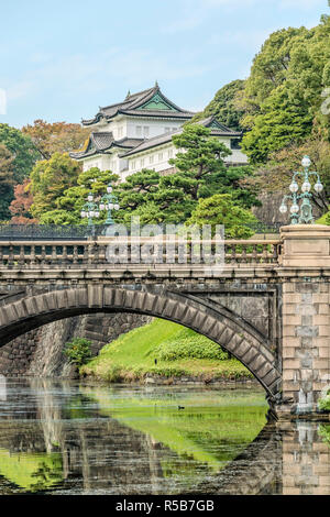 Il ponte Seimon Ishibashi e la porta Nishinomaru al Palazzo Imperiale hanno visto i Giardini nazionali di Kokyogaien, Tokyo, Giappone Foto Stock