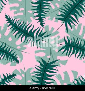 Seamless pattern tropicali con felci e foglie di monstera. Illustrazione Vettoriale