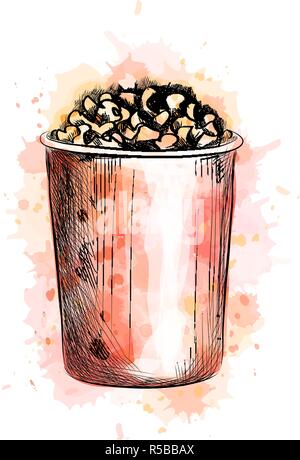 Bicchiere di carta con popcorn da una spruzzata di acquerelli Illustrazione Vettoriale