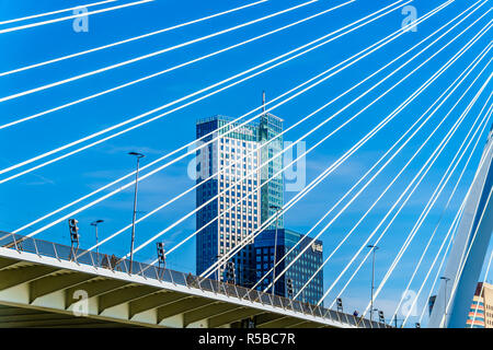 Architettura moderna edifici alti in Olanda Amerikakade con il Cable-Stayed Ponte Erasmus oltre la Nieuwe Maas River a Rotterdam Foto Stock