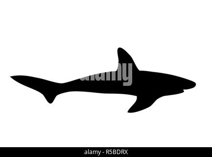 Shark silhouette nera isolati su sfondo bianco. Semplice grande predatore marino profilo. Graphic design per il mercato del pesce, disegnati icona carattere Foto Stock