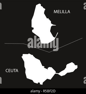 Melilla e Ceuta Spagna mappa black invertito illustrazione silhouette Foto Stock