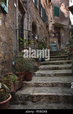 Consente di visualizzare le strade nella vecchia famosa città del tufo di Sorano. Vecchia scalinata con fiori in vaso. Toscana, Italia Foto Stock