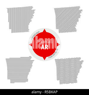 Configurazione tratteggiata Mappa di Arkansas. Stilizzata semplice silhouette dell'Arkansas. Quattro modelli diversi. Illustrazione isolati su sfondo bianco. Foto Stock