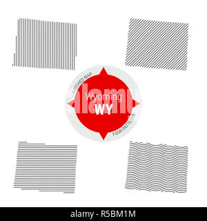 Configurazione tratteggiata Mappa del Wyoming. Stilizzata semplice silhouette del Wyoming. Quattro modelli diversi. Illustrazione isolati su sfondo bianco. Foto Stock