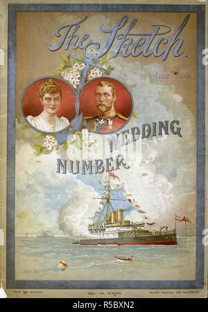 Ritratti di Prince George e Maria di teck. Le nozze del principe George, il Duca di York (successivamente George V del Regno Unito), e della Principessa Maria di Teck ha avuto luogo il 6 luglio 1893 . Il bozzetto. Londra, 1893. Fonte: schizzo. Numero di nozze. Il 10 luglio 1893. Foto Stock