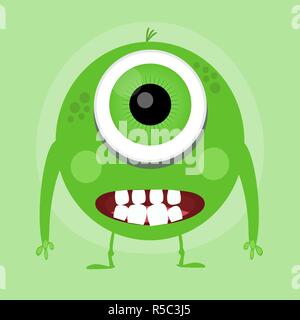 Piccolo grazioso Cartoon Monster. Verde poco sorridente mostro. Illustrazione Vettoriale