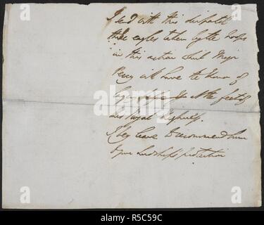 Il Waterloo spedizione: autograph draft , da Arthur Wellesley, primo duca di Wellington. Il Waterloo spedizione: autograph draft , da Arthur Wellesley, primo duca di Wellington, della sua spedizione indirizzata a Enrico, 3° Conte Bathurst, Segretario di Stato per la guerra, annunciando e descrivere gli alleati' decisiva vittoria su Napoleone Bonaparte a Waterloo; 19 giugno 1815. 19 giu 1815. Parzialmente scritto a Waterloo , parzialmente scritto a Bruxelles: 1815: Progetto. Tutto il testo e gli emendamenti sembrano essere a Wellington la mano, ma due mani anonime si verificano su f. 9v, e un terzo sulla busta distinta (f. i), dating f Foto Stock