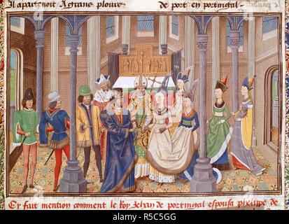 Il matrimonio del Re Giovanni I del Portogallo di Philippa di Lancaster, nel 1387. Chronique d' Angleterre (Volume III). S. Paesi Bassi (Bruges), tardo XV secolo. (Miniatura) un royal wedding. Fonte: Royal 14 E. IV, f.284. Lingua: Francese. Foto Stock