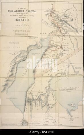 Una mappa di Albert N'Yanza e delle rotte di Sir Samuel White Baker, Pacha per illustrare Ismailia. Ismailia : un racconto della spedizione in Africa centrale per la repressione della tratta degli schiavi / Sir Samuel W. Baker. [S.l.] : MacMillan e Co., 1874. Fonte: W8/10292 mappa anteriore. Autore: Baker, Samuel W, Sir. Foto Stock