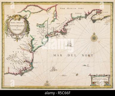 Una mappa del New England, Nuovo Belgio e Virginia. NOVA ANGLIA NOVVM BELGIVM et VIRGINIA. Amstelodami [Amsterdam] : Johannes Janssonius Excudit, [tra il 1636 e il 1647.]. Fonte: Mappe K.Top.120.9. Lingue: Latina. Foto Stock