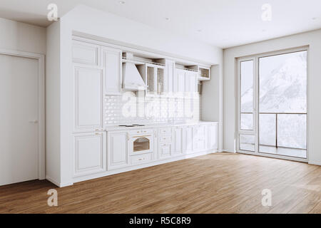 Bella bianca classica cucina nella nuova casa di lusso con pavimenti in legno duro e apparecchi Vintage 3D render Foto Stock