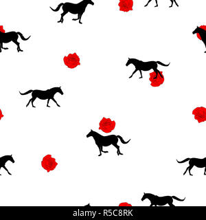 Seamless animali selvatici pattern cavalli neri silhouette e piccole rose rosse su sfondo bianco. Piuttosto moderno femminile stampa floreale illustrazione cavallo Foto Stock