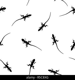 Seamless abstract animali selvatici pattern nera lucertola sagome isolati su sfondo bianco. Semplice disegno tropicale ripetizione del rettile wallpaper Foto Stock