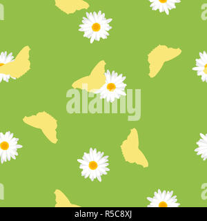 Modello senza giunture verde prato con volare farfalle giallo sagome e daisy bianca fiori. Carino semplice sfondo floreale con la camomilla Foto Stock