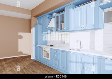 Bella Blu Cucina Classica nella nuova casa di lusso con pavimenti in legno duro e apparecchi Vintage 3D render Foto Stock