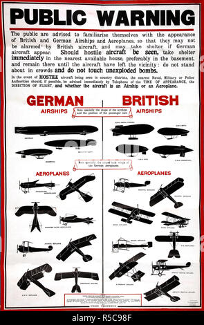 Avviso pubblico poster di identificazione per gli aerei militari e le navi militari inglesi e tedeschi della Prima guerra mondiale, Regno Unito Foto Stock