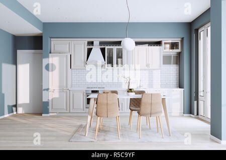 Bella Cucina Classica nella nuova casa di lusso con pavimenti in legno duro e elettrodomestici di acciaio inossidabile 3D render Foto Stock