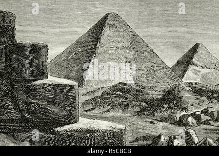 A nord dell'Africa. Antico Egitto. La Piramide di Giza complesso. Antico Regno d'Egitto. 2686-21191 BC. Incisione. La Civilizacion (la civiltà), volume I, 1881. Foto Stock