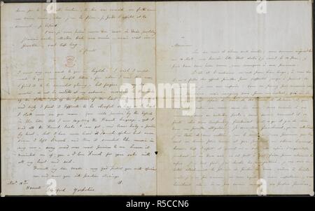 Lettera da Charlotte BrontÃ" al Professor Constantin Heger 18 novembre 1844. Estratto da una lettera: '...veramente mi è difficile essere allegro così a lungo come credo non deve mai vedere di più.". Quattro lettere di Charlotte BrontÃ" al prof. Constantin Heger [originale di Paul Emanuel in 'Villette"] ; 24 Luglio, 1844 - 18 nov. [1845?]. Il francese. Quella del 18 novembre ha un file postscript in inglese. Descritto, pubblicato e tradotto da Marion H. Spielmann in tempi, 29 luglio, 1913 (vedere anche le questioni del 30 e 31 luglio). Le lettere, tre dei quali erano stati strappati, sono conservati separatamente tra il vetro Foto Stock