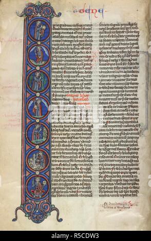 Apertura della Genesi. Iniziale 'I', con sette roundels. Dio crea il mondo; creazione di terra e acqua; creazione di alberi; creazione del sole, la luna e le stelle; creazione di pesci e di uccelli; creazione di Eva; DIO siede benedizione, e trattiene un mondo diviso. FÃ©camp la Bibbia. Francia [Normandia, FÃ©camp?]; circa 1260. Fonte: Yates Thompson 1, f.4v. Lingue: Latina. Foto Stock