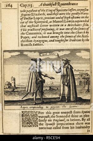 Lopez compunding a poyson queene l'. Xilografia illustrazione raffigurante il Dr Rodrigo Lopez (c. 1525 â€" Giugno 7, 1594) medico di Queen Elizabeth Ist. Lopez è stato accusato di aver complottato con lo spagnolo emissari per avvelenare la regina. Egli è stato arrestato il 1 gennaio 1594, condannato in febbraio e successivamente impiccati, disegnato e squartato il 7 giugno. . Un Thankfull ricordo della misericordia di Dio in una raccolta historicall del grande e mercifull deliverances della Chiesa e dello stato dell'Inghilterra, poiché il Gospell iniziato qui a fiorire, dall'inizio di Queene Elizabeth]. Londra : M. Flesher, per Rober Foto Stock
