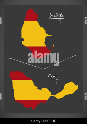 Melilla e Ceuta mappa con lo spagnolo bandiera nazionale illustrazione Foto Stock