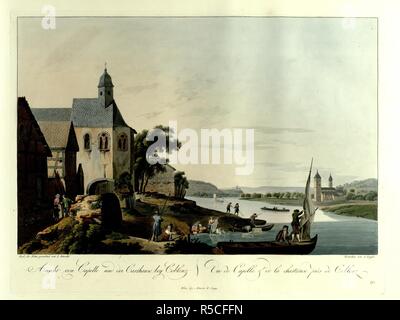 Gli uomini di attracco per le loro barche, lavandaie lavorando dal Reno al di fuori di un edificio gotico in Kapellen-Stolzenfels in primo piano sulla sinistra, con una vista della Certosa di San Giacomo vicino a Coblenza in background. Ansicht von Capelle und der Carthause bey Coblenz = Vue de Capelle & de la chartreuse prÃ¨s de Coblenz. Wien : bey Artaria Comp., [1798]. colorata a mano in attacco. Fonte: Mappe 6.tab.12, la piastra 25. Lingua: Tedesco e Francese. Autore: Ziegler, J. Foto Stock