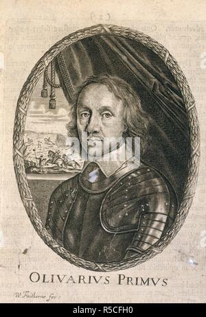 Oliver Cromwell (1599-1658). Soldato inglese e più. Ritratto. Olivae Parallelum nec non Protectoris Olivarii.. Londra, 1656. Fonte: 193.a.6, la piastra 1. Autore: Gand, Louis de. Foto Stock