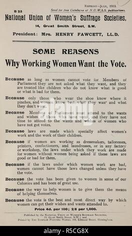 "Alcune ragioni per cui lavorano le donne vogliono il voto". Un elenco. [Opuscoli e volantini.]. Unione nazionale il suffragio femminile missionarie (Inghilterra) London, 1909, ecc. Fonte: 8413.k.5. Foto Stock