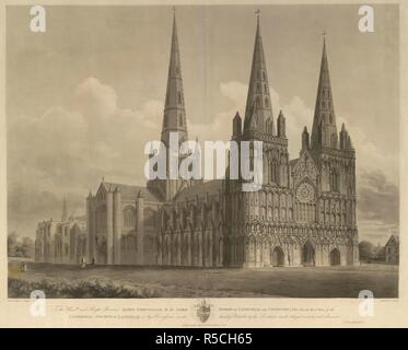 A nord ovest di vista del fronte ovest di Lichfield Cathedral. N.W. Vista della facciata ovest di Lichfield Cathedral. 1807. Fonte: Mappe K.Top.38.45.m. Lingua: Inglese. Autore: John Buckler. Foto Stock