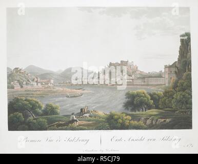 Un pastore guarda dopo le sue capre dal fiume Salzach in primo piano con un ponte e una vista delle cupole e guglie del Duomo di Salisburgo e la Kollegienkirche oltre, e il castello di Hohensalzburg sul Festungsberg in background. Premiere vue de Salzbourg = Erste Ansicht von Salzburg. Mannheim : beÃ¿ D. Artaria, [1807]. Colorate a mano la puntasecca e l'attacco. Fonte: Mappe 7.tab.64.(3.). Lingua: Francese e Tedesco. Foto Stock